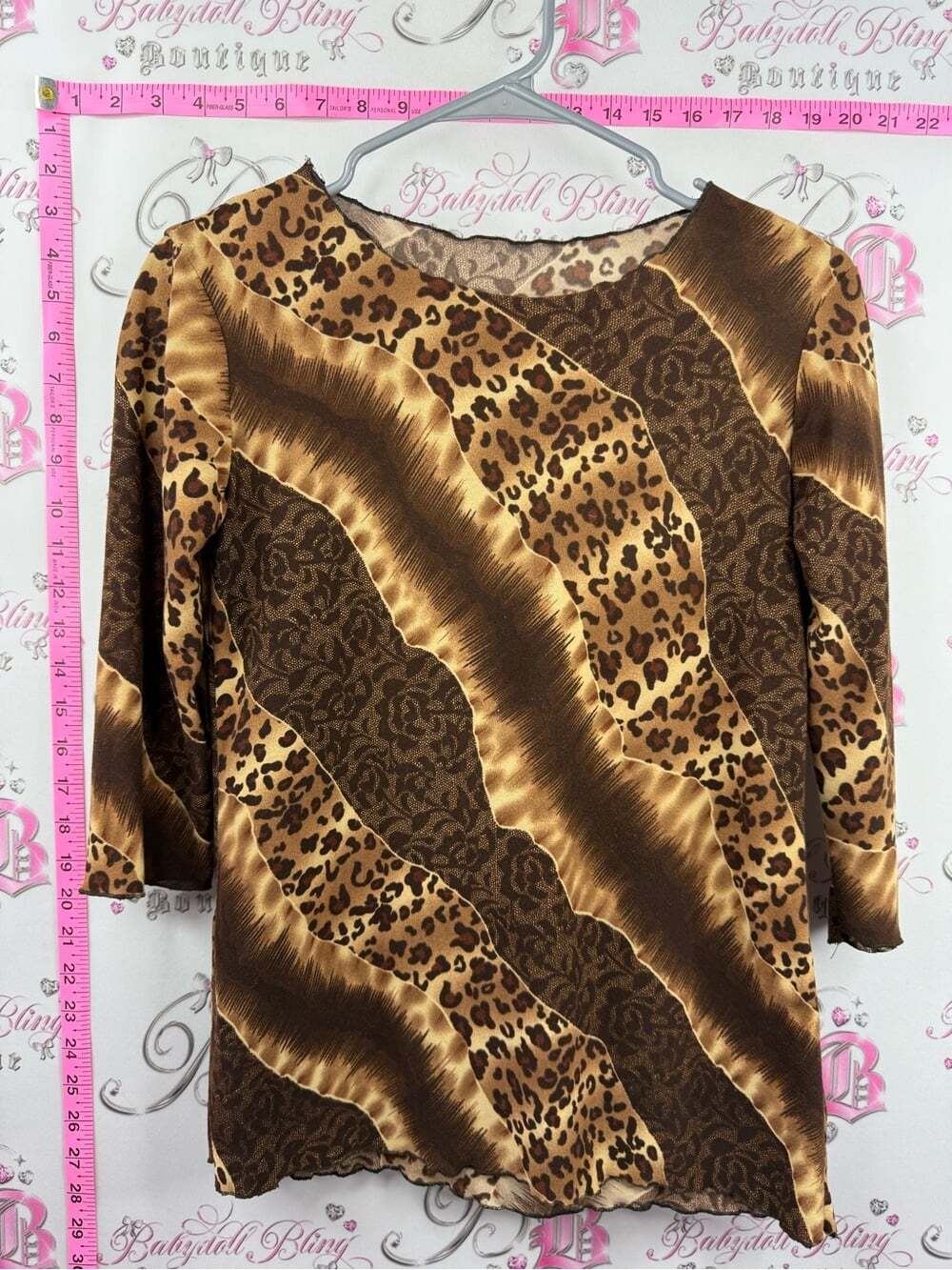 Leopard shirt y2k ruffle trim Wave Print Women's Top - Brown/Tan